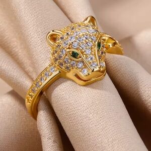 Golden Panther Ring – Emerald Eyes, Crystal Pave Statement Jewelry